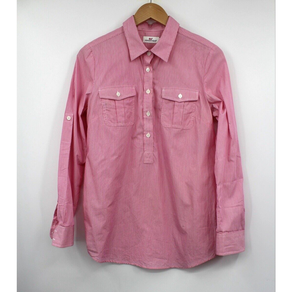 Vineyard Vines Shirt Womens 8 Stripped 1/2 Button Down Pockets Long Sleeve Pink